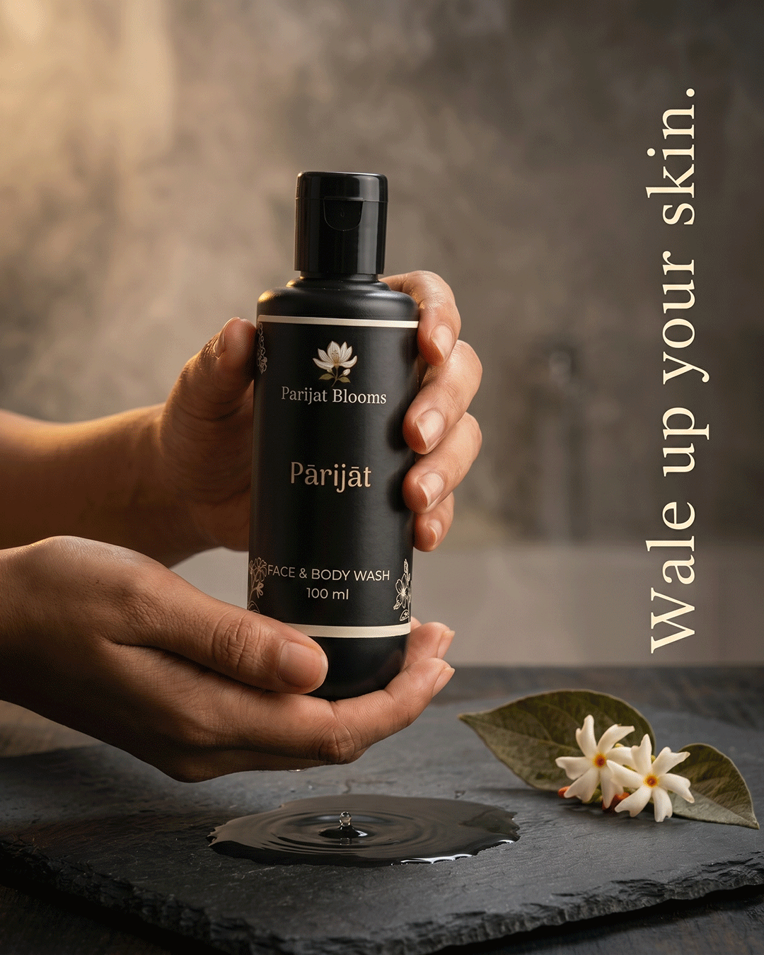 Parijat Mogra Face Body Wash Ayurvedic ritual face body wash in use — hand holding face body wash Parijat Blooms India