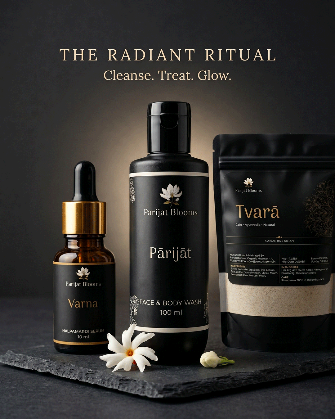 Parijat Blooms face body wash ritual range — Parijat Mogra Face Body Wash and complementary products skincare routine India