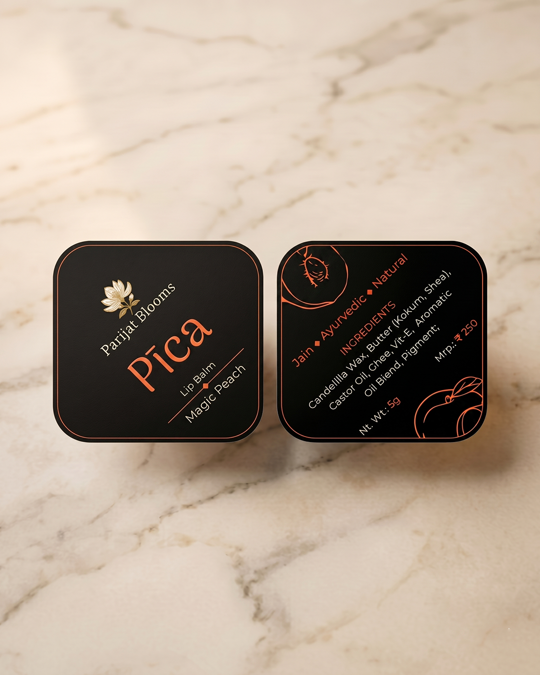 Pica Peach Lip Balm label and packaging — Jain Vegan natural lip balm Parijat Blooms