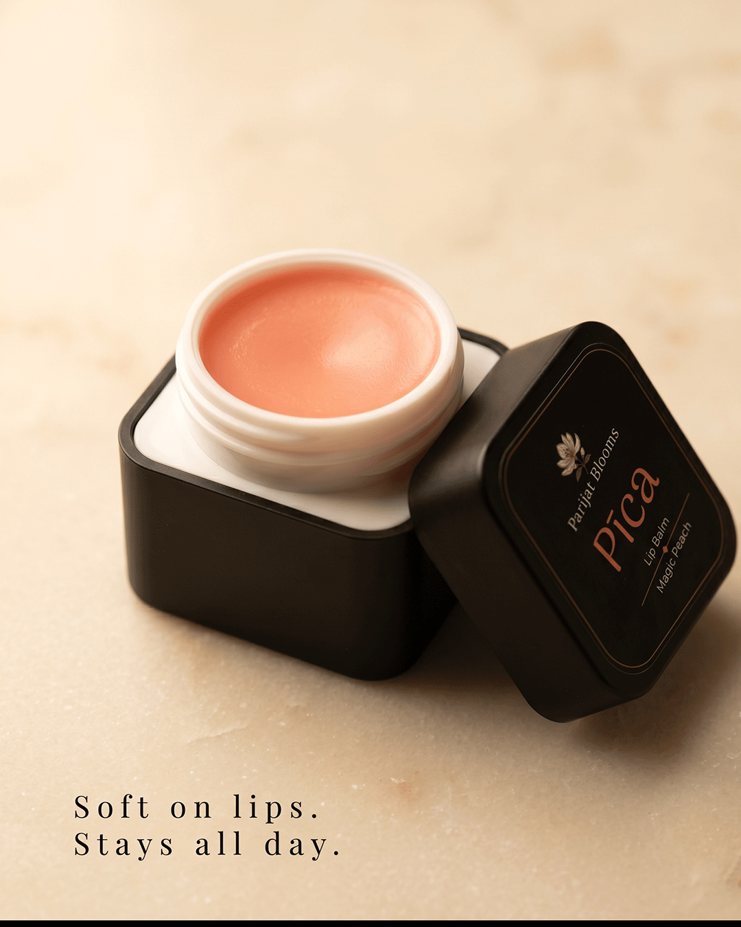 Pica Peach Lip Balm lip balm texture closeup — feel the soft peach feminine lip nourishment softness moisture lock lip repair formula by Parijat Blooms