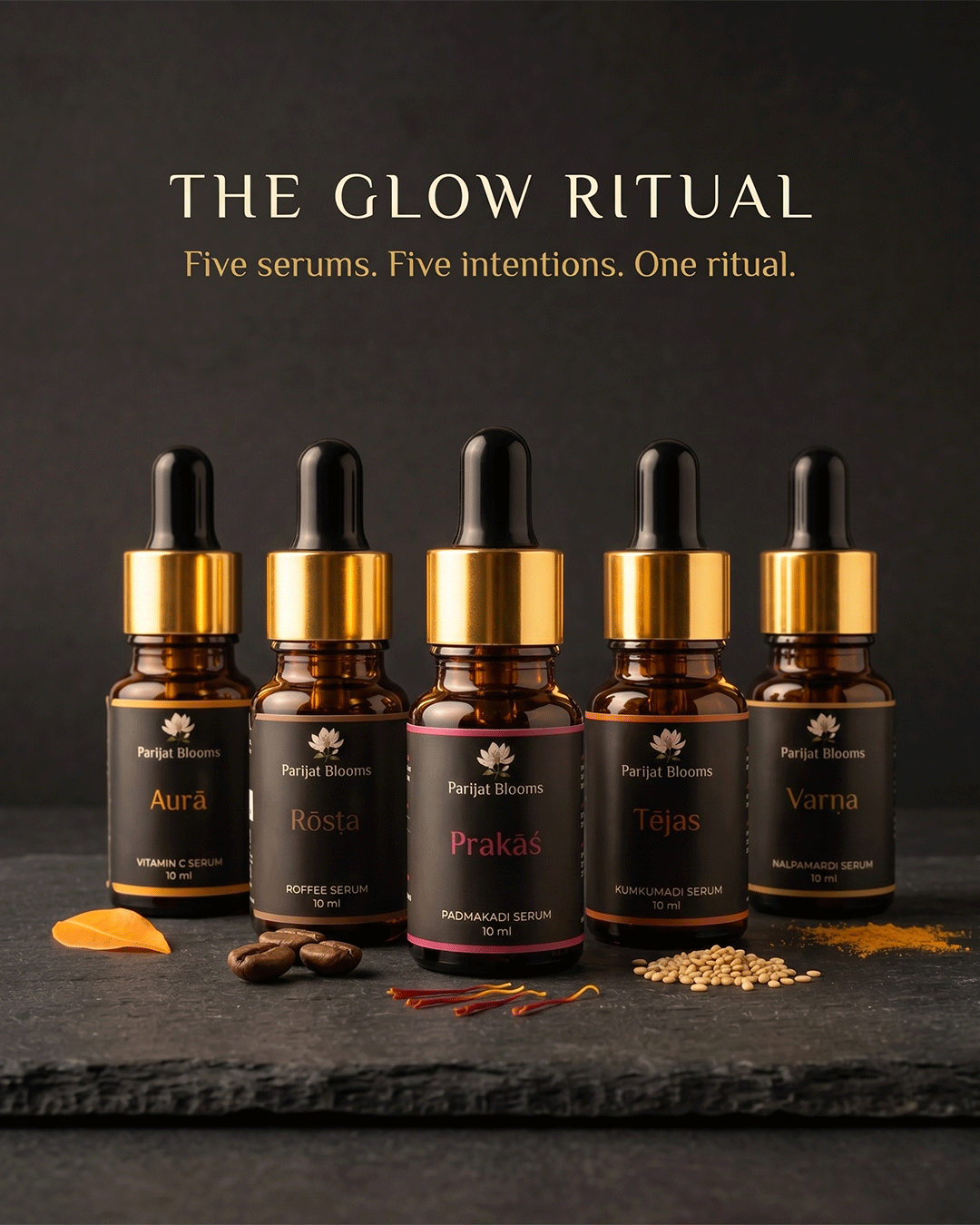 Parijat Blooms face serum ritual range — Prakas Kumkumadi Nalpamaradi Face Serum and complementary products skincare routine India