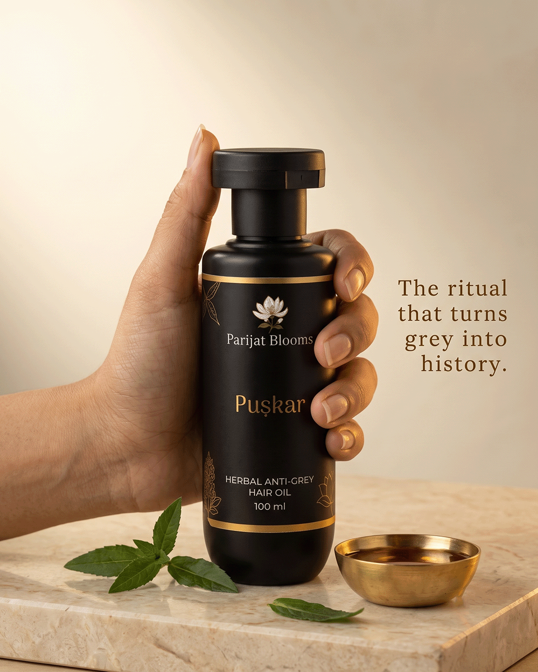 Puskar Herbal Anti Grey Hair Oil Ayurvedic ritual hair oil in use — hand holding hair oil Parijat Blooms India