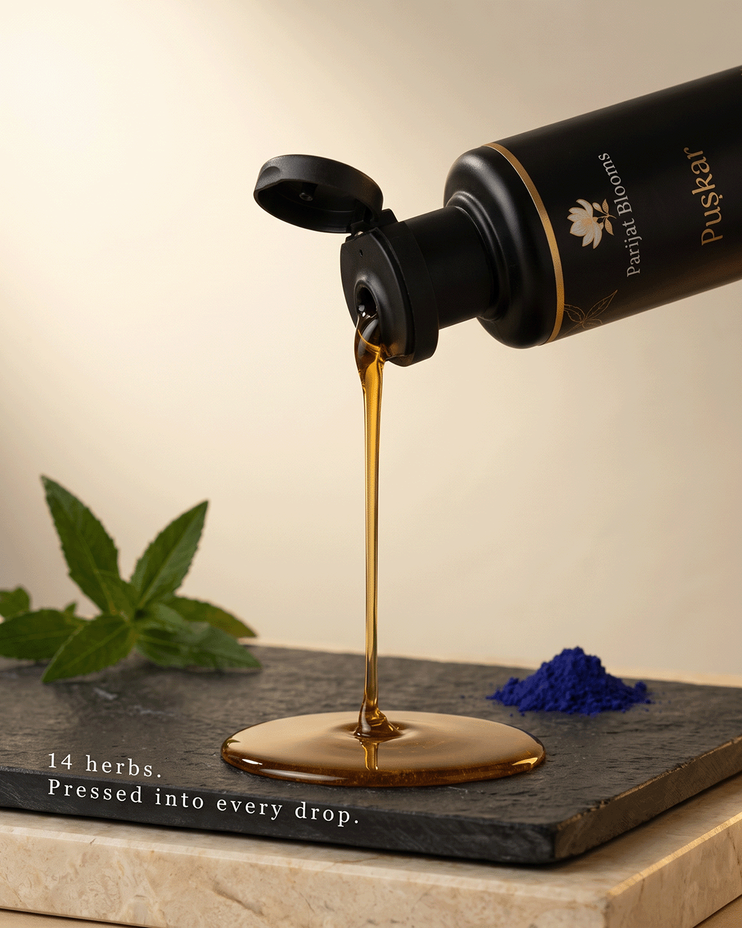 Puskar Herbal Anti Grey Hair Oil hair oil texture closeup — feel the herbal ayurvedic traditional anti grey hair darkening hair growth scalp nourishment formula by Parijat Blooms