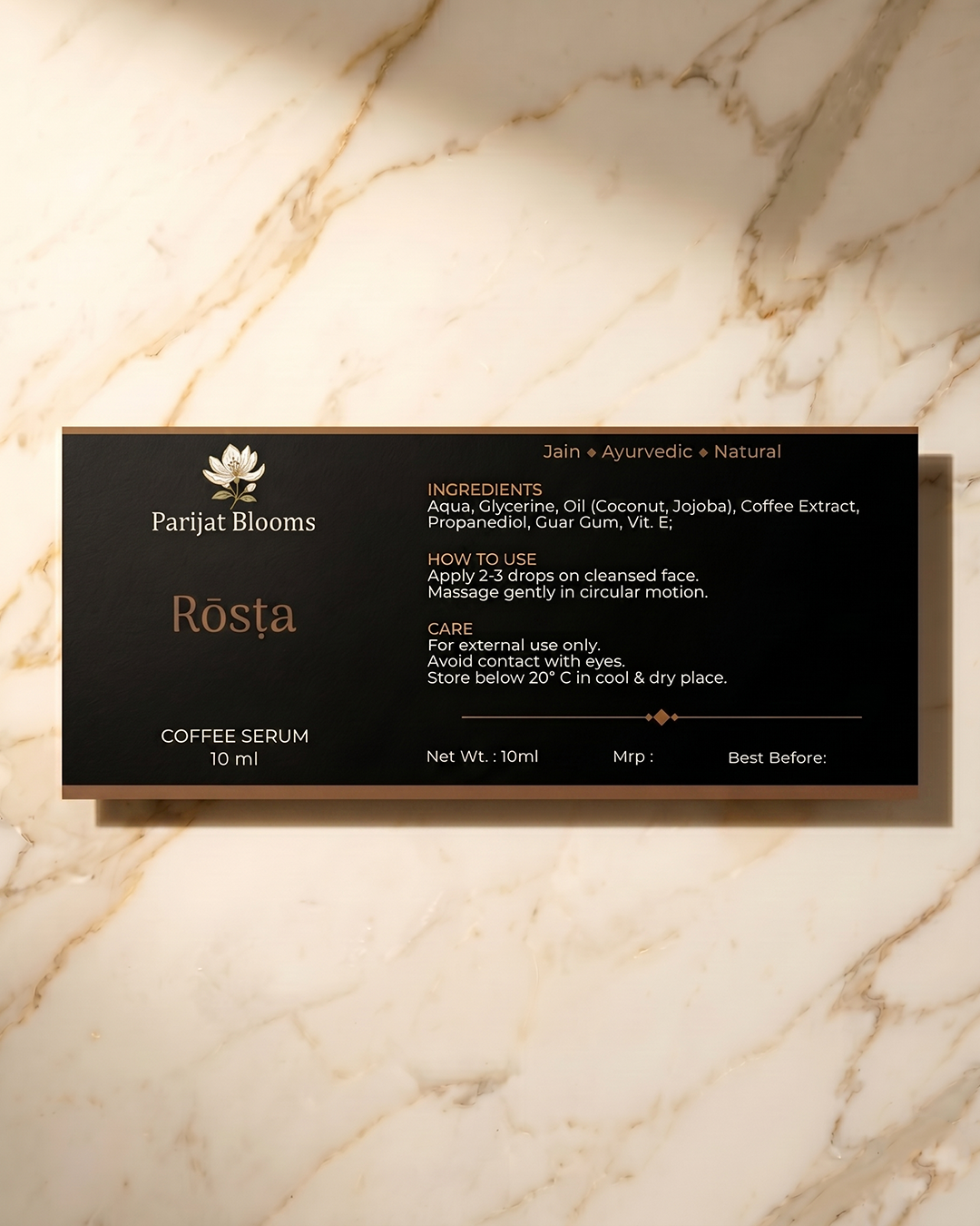 Rosta Coffee Face Serum label and packaging — Jain Vegan natural face serum Parijat Blooms
