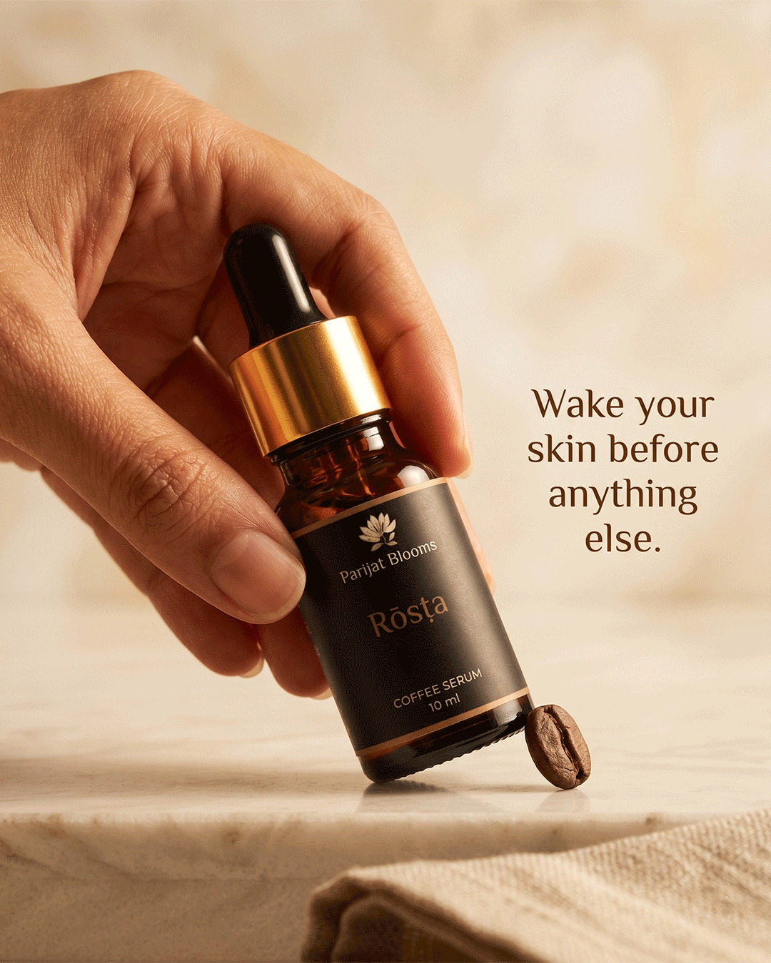 Rosta Coffee Face Serum Ayurvedic ritual face serum in use — hand holding face serum Parijat Blooms India