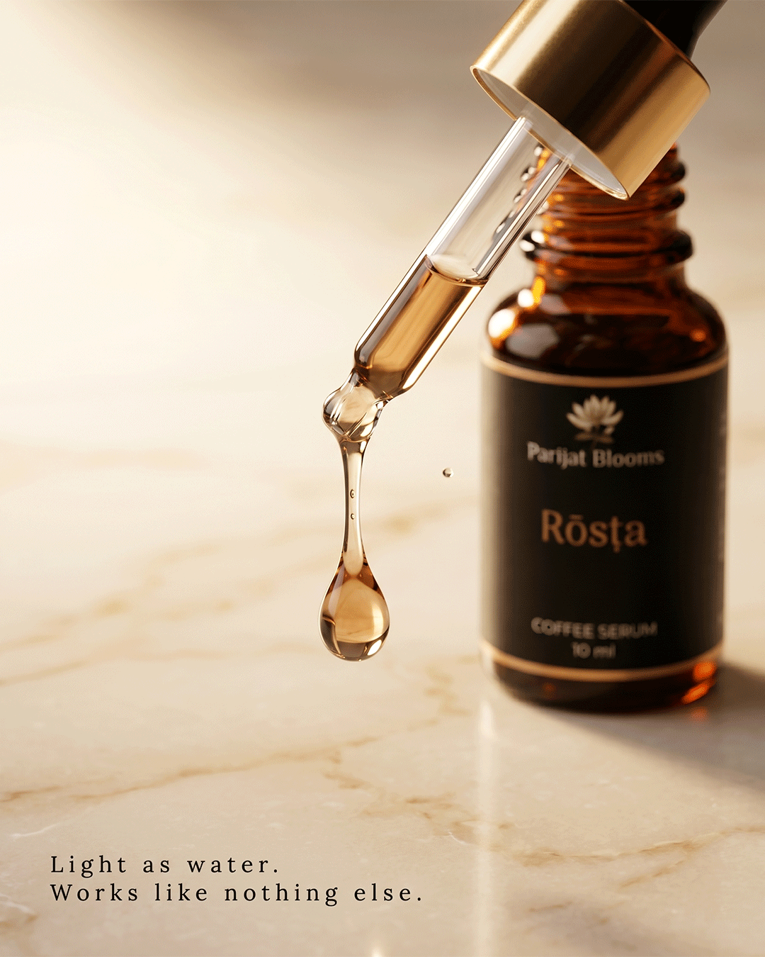 Rosta Coffee Face Serum face serum texture closeup — feel the bold modern energising brightening anti pigmentation de puffing glow formula by Parijat Blooms