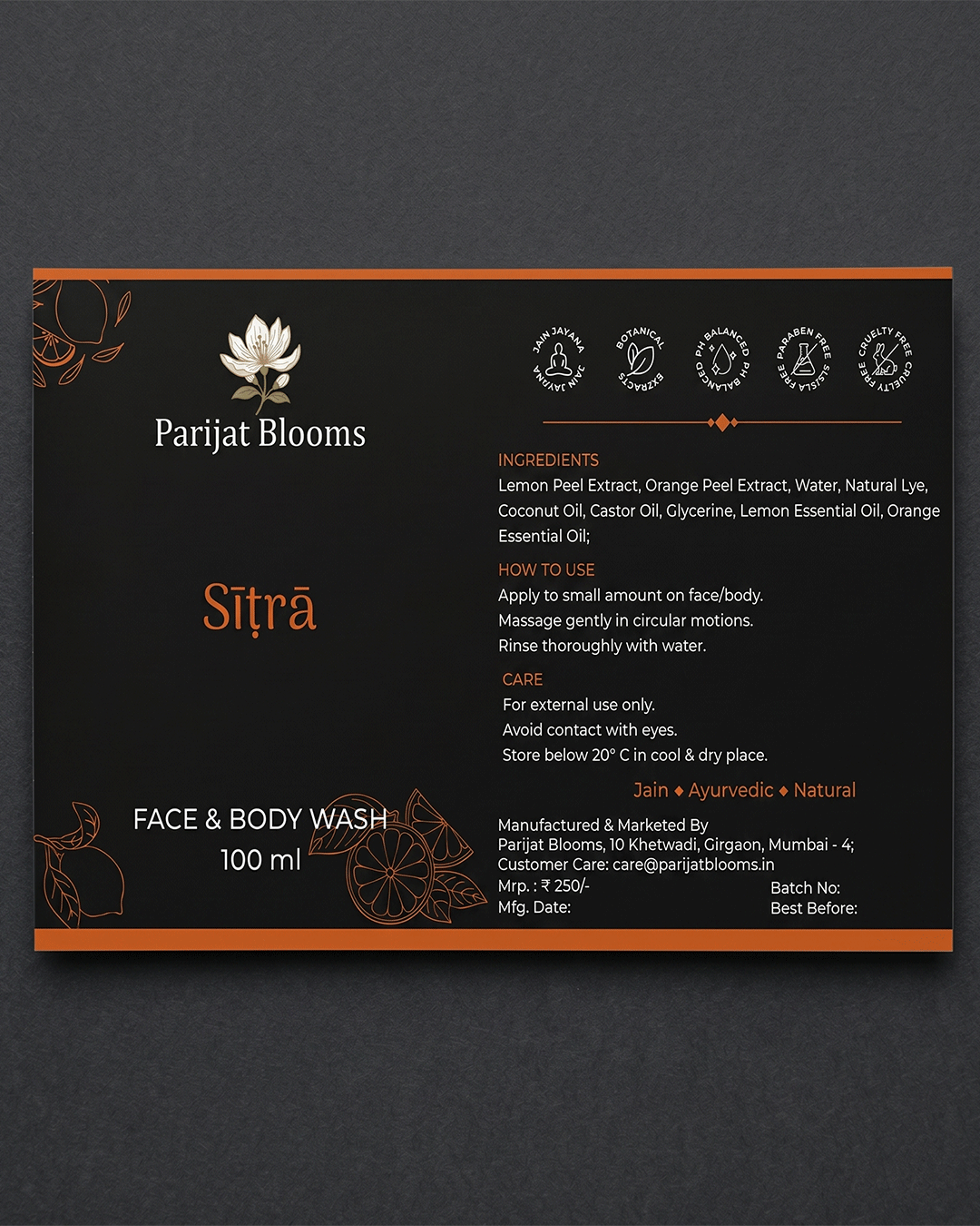 Sitra Face Body Wash label and packaging — Jain Vegan natural face body wash Parijat Blooms