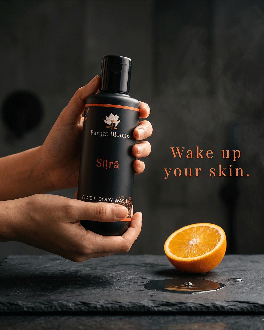 Sitra Face Body Wash Ayurvedic ritual face body wash in use — hand holding face body wash Parijat Blooms India
