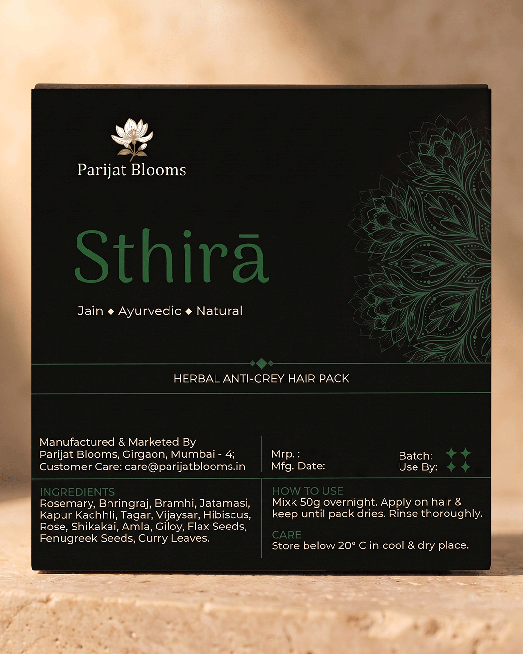 Sthirā hair pack label and packaging — Jain Vegan natural DHT blocker hair treatment Parijat Blooms