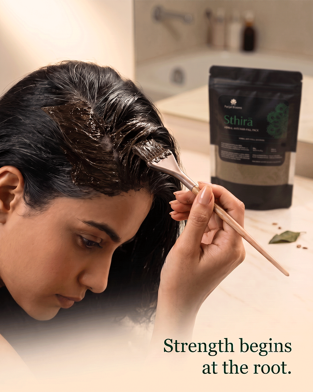 Sthirā root-strengthening scalp massage ritual — Ayurvedic anti hair fall treatment in use