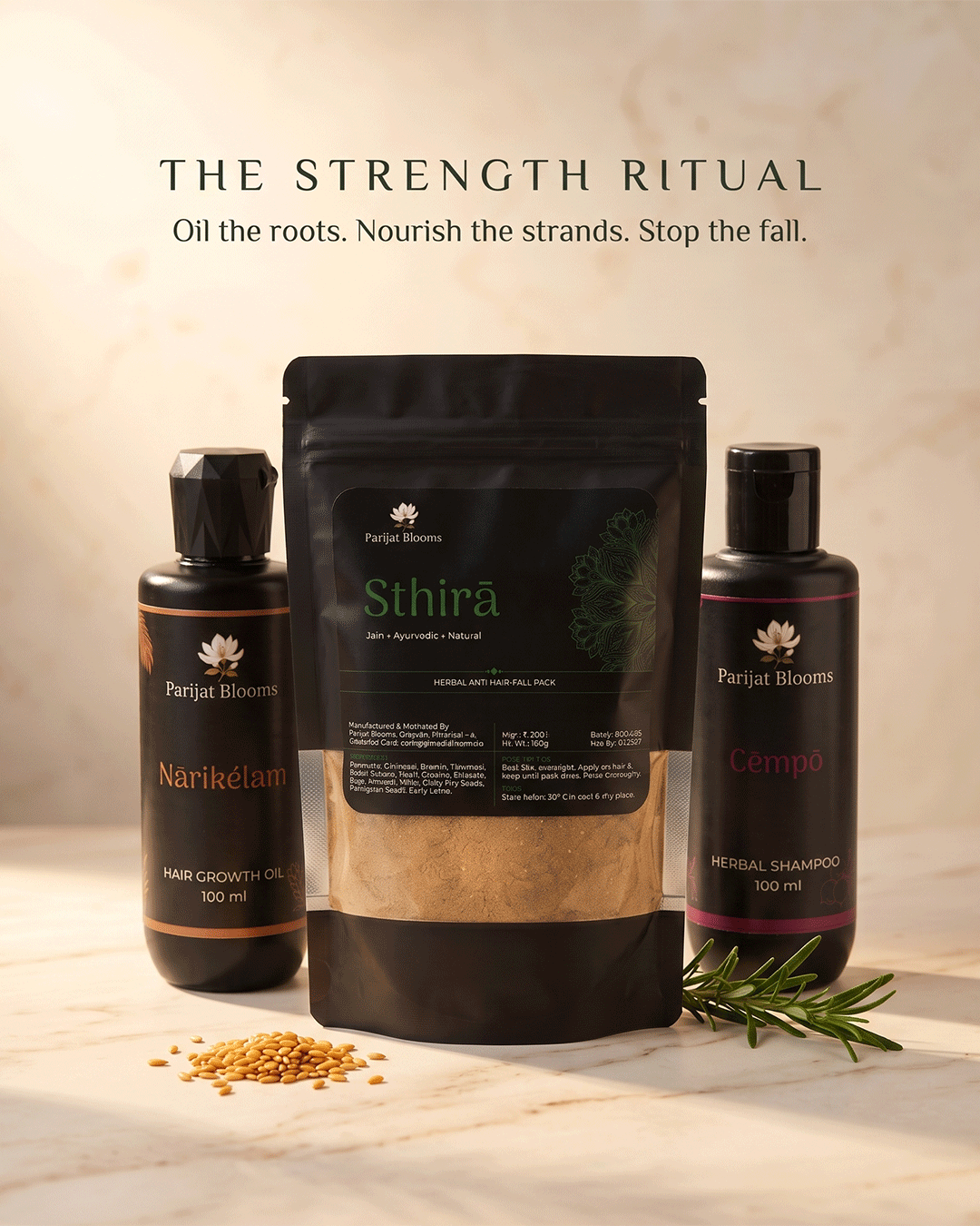 Parijat Blooms Strength Ritual — Sthirā hair pack with Nārikélam oil and Cēmpō shampoo India