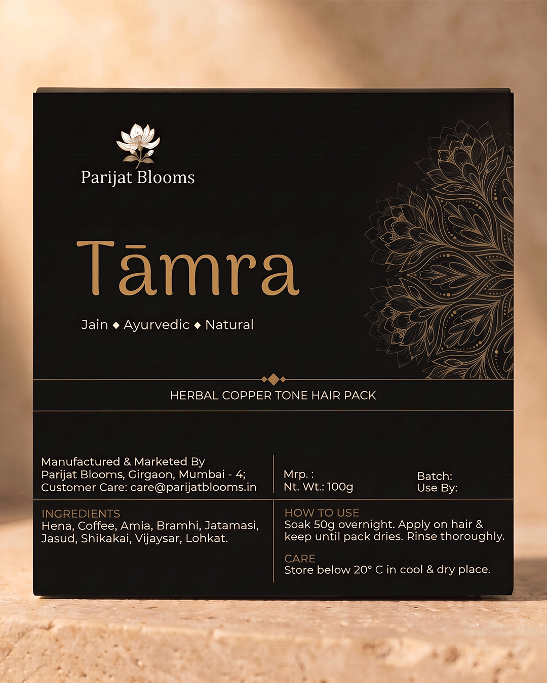 Tāmra hair pack label and packaging — Jain Vegan natural copper hair colour Parijat Blooms