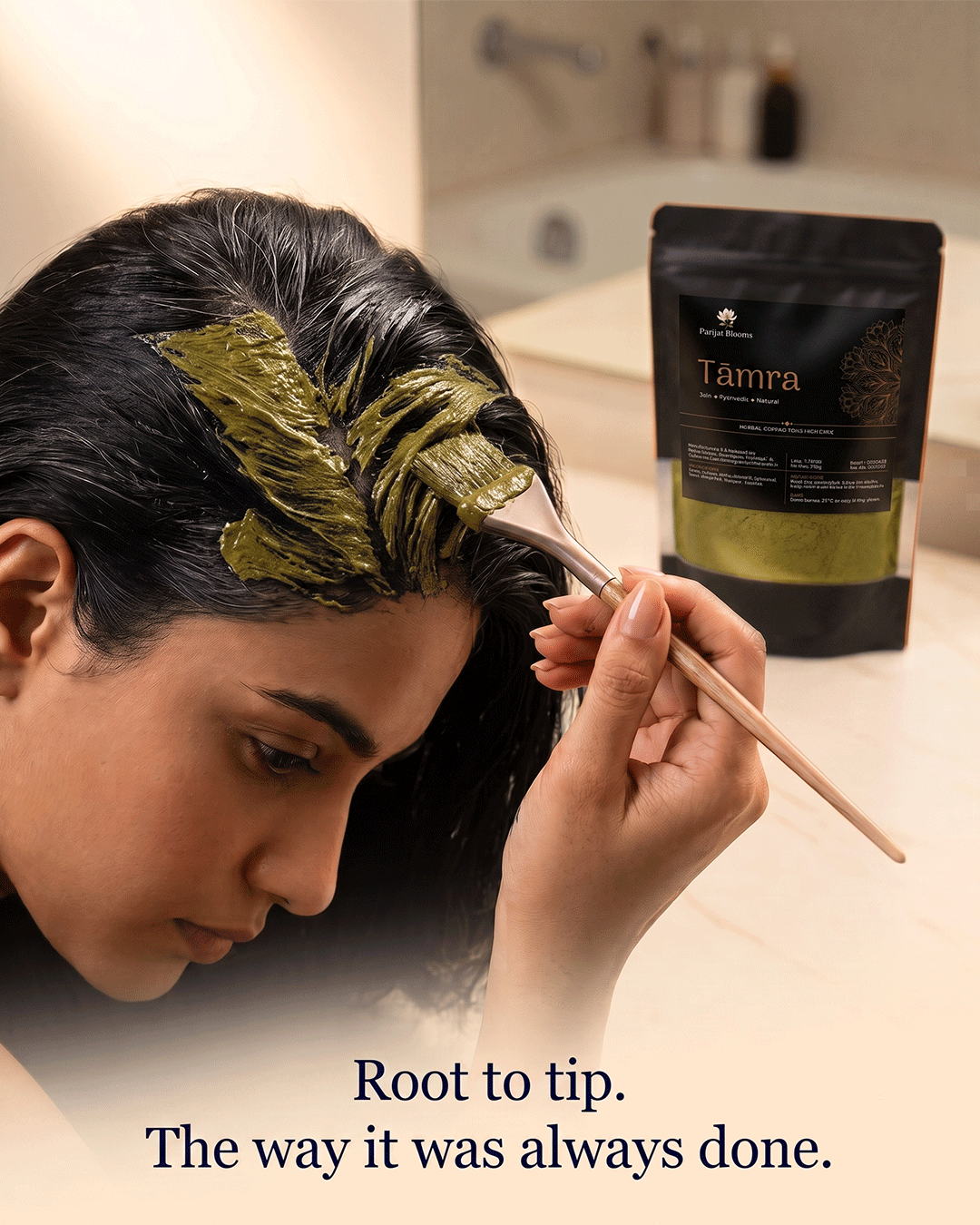 Tāmra copper tone hair colour application ritual — ammonia free grey coverage in use