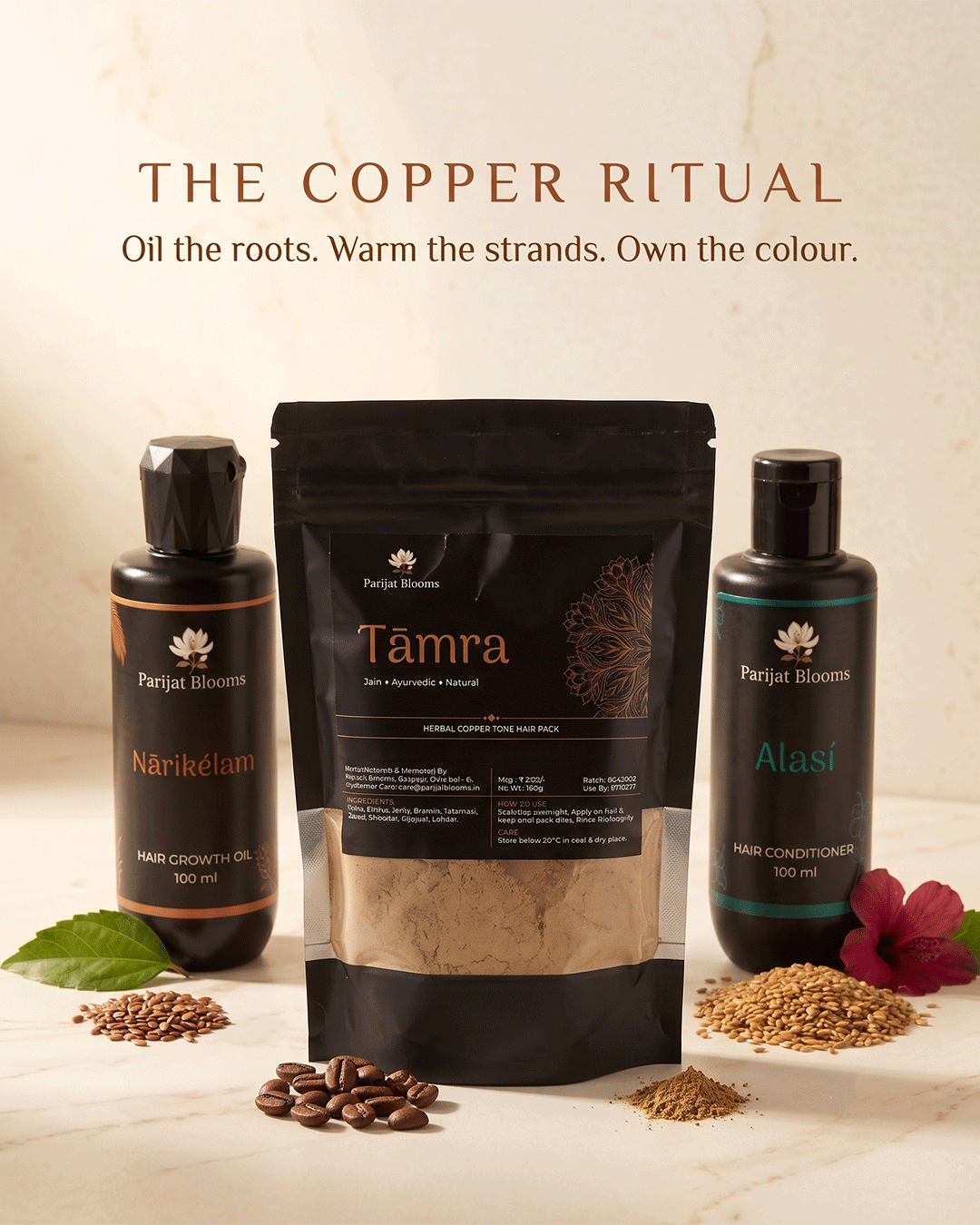 Parijat Blooms Copper Ritual — Tāmra hair pack with Nārikélam oil and Alasī conditioner India