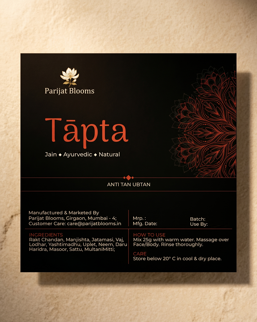 Tapta Red Sandalwood Ubtan Skin Mask label and packaging — Jain Vegan natural ubtan skin mask Parijat Blooms