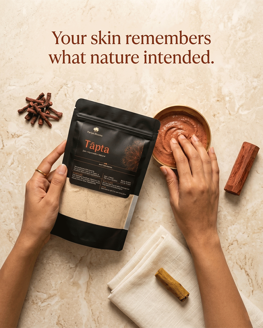 Tapta Red Sandalwood Ubtan Skin Mask Ayurvedic ritual ubtan skin mask in use — hand holding ubtan skin mask Parijat Blooms India