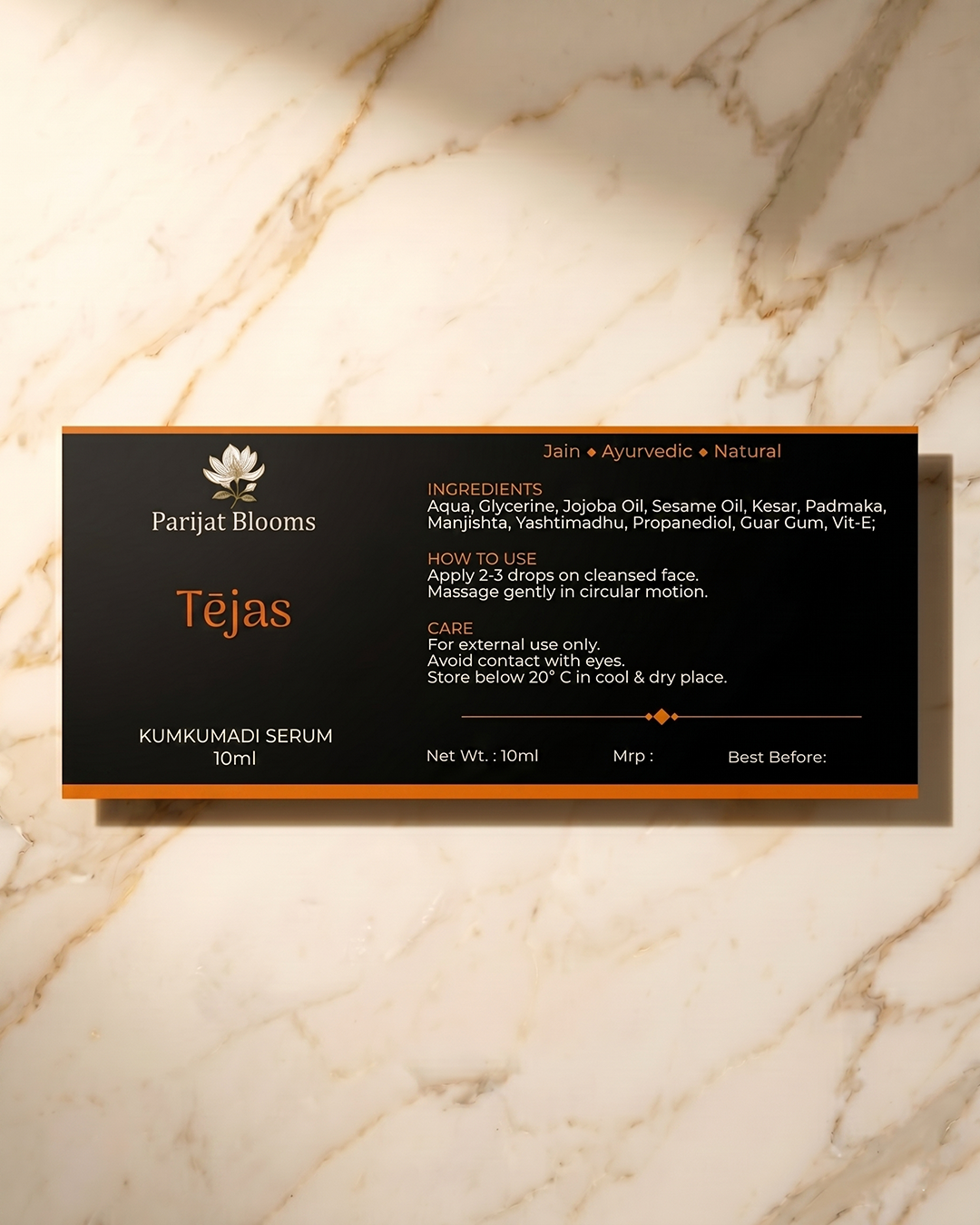 Tejas Kumkumadi Face Serum label and packaging — Jain Vegan natural face serum Parijat Blooms