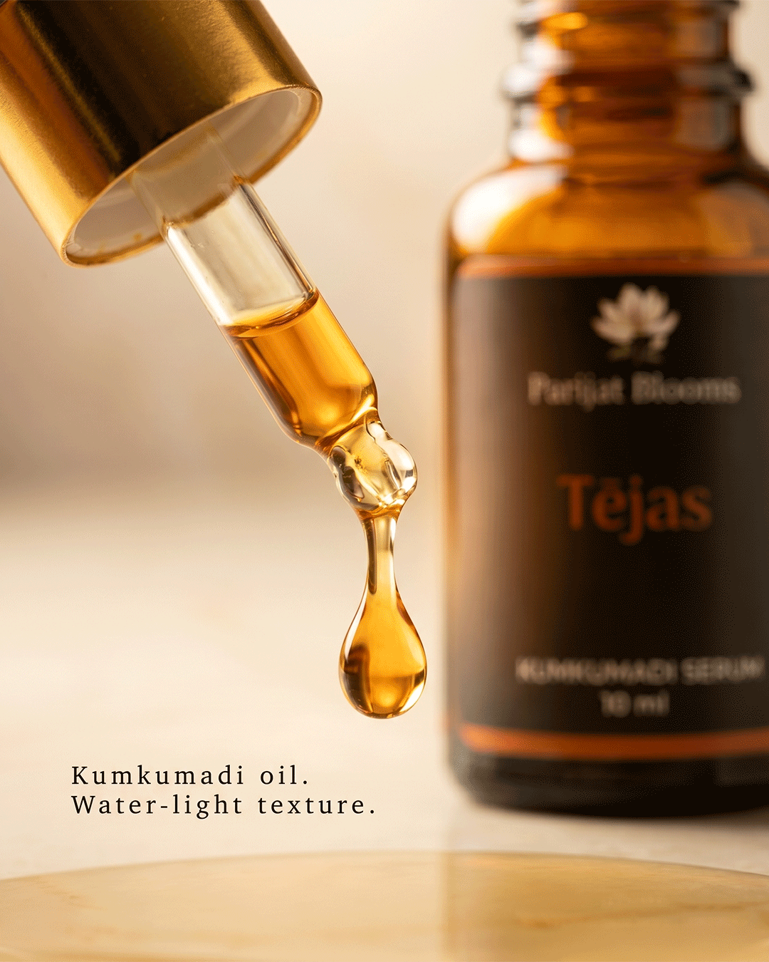 Tejas Kumkumadi Face Serum face serum texture closeup — feel the royal golden ayurvedic skin radiance anti aging brightening luxury glow formula by Parijat Blooms