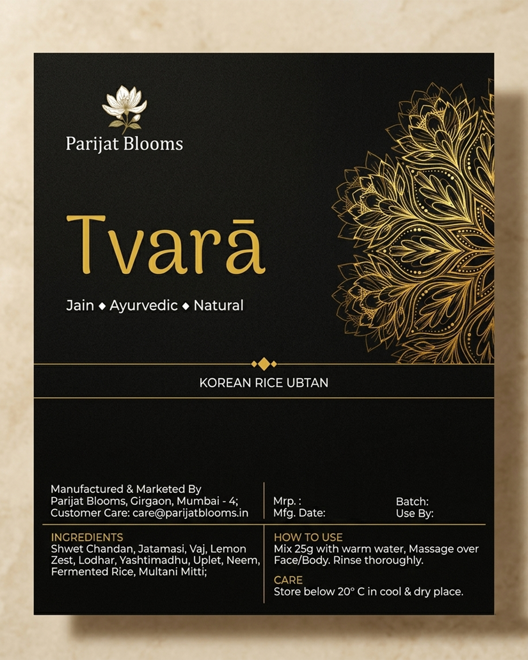 Tvara Korean Rice Ubtan Skin Mask label and packaging — Jain Vegan natural ubtan skin mask Parijat Blooms