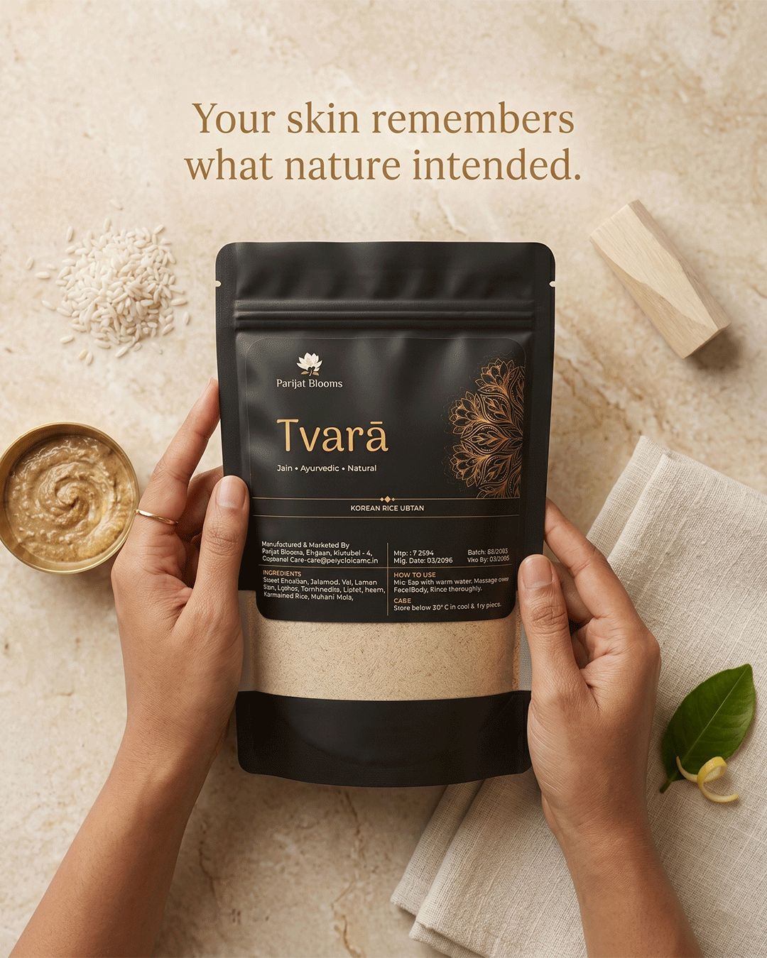 Tvara Korean Rice Ubtan Skin Mask Ayurvedic ritual ubtan skin mask in use — hand holding ubtan skin mask Parijat Blooms India