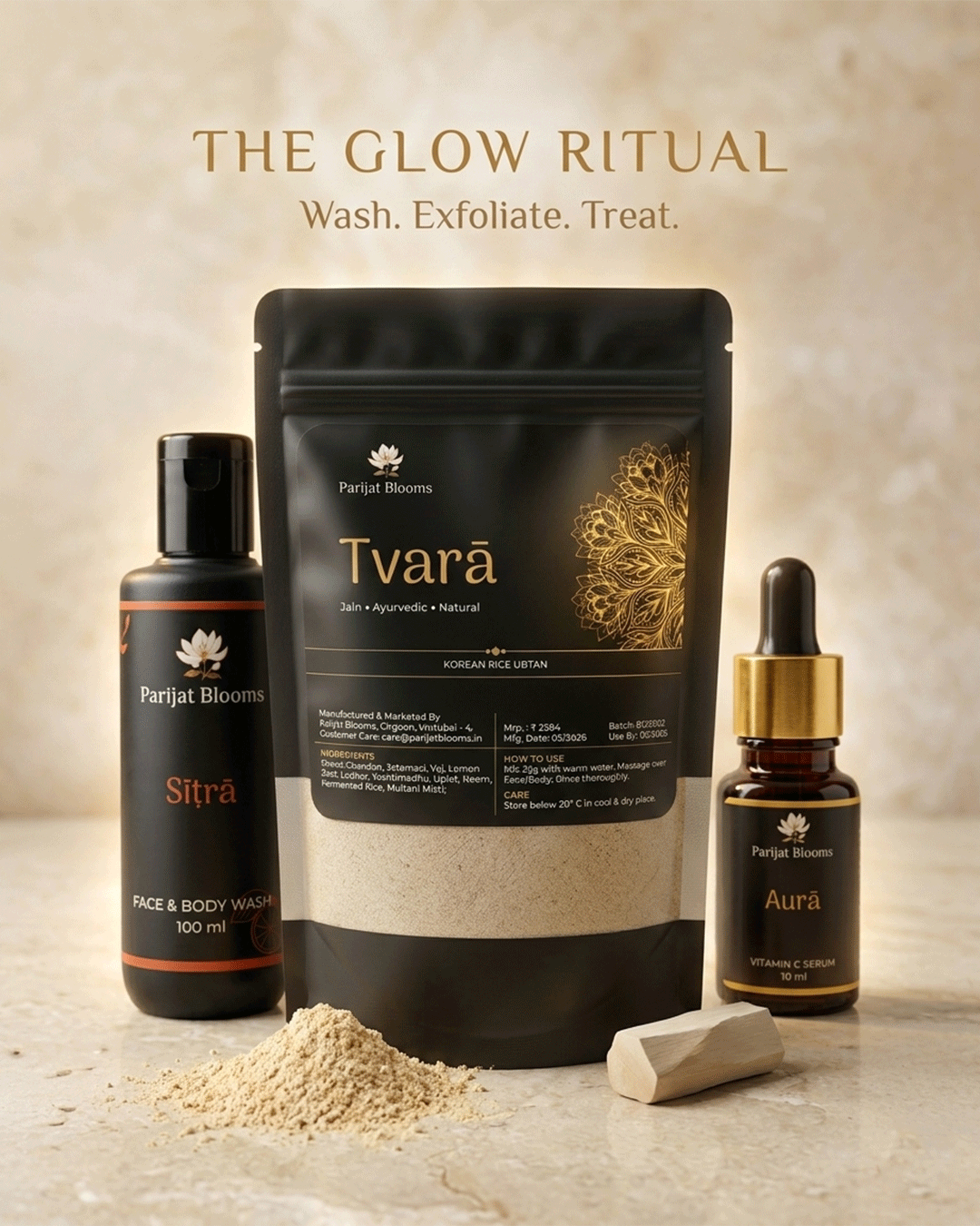 Parijat Blooms ubtan skin mask ritual range — Tvara Korean Rice Ubtan Skin Mask and complementary products skincare routine India