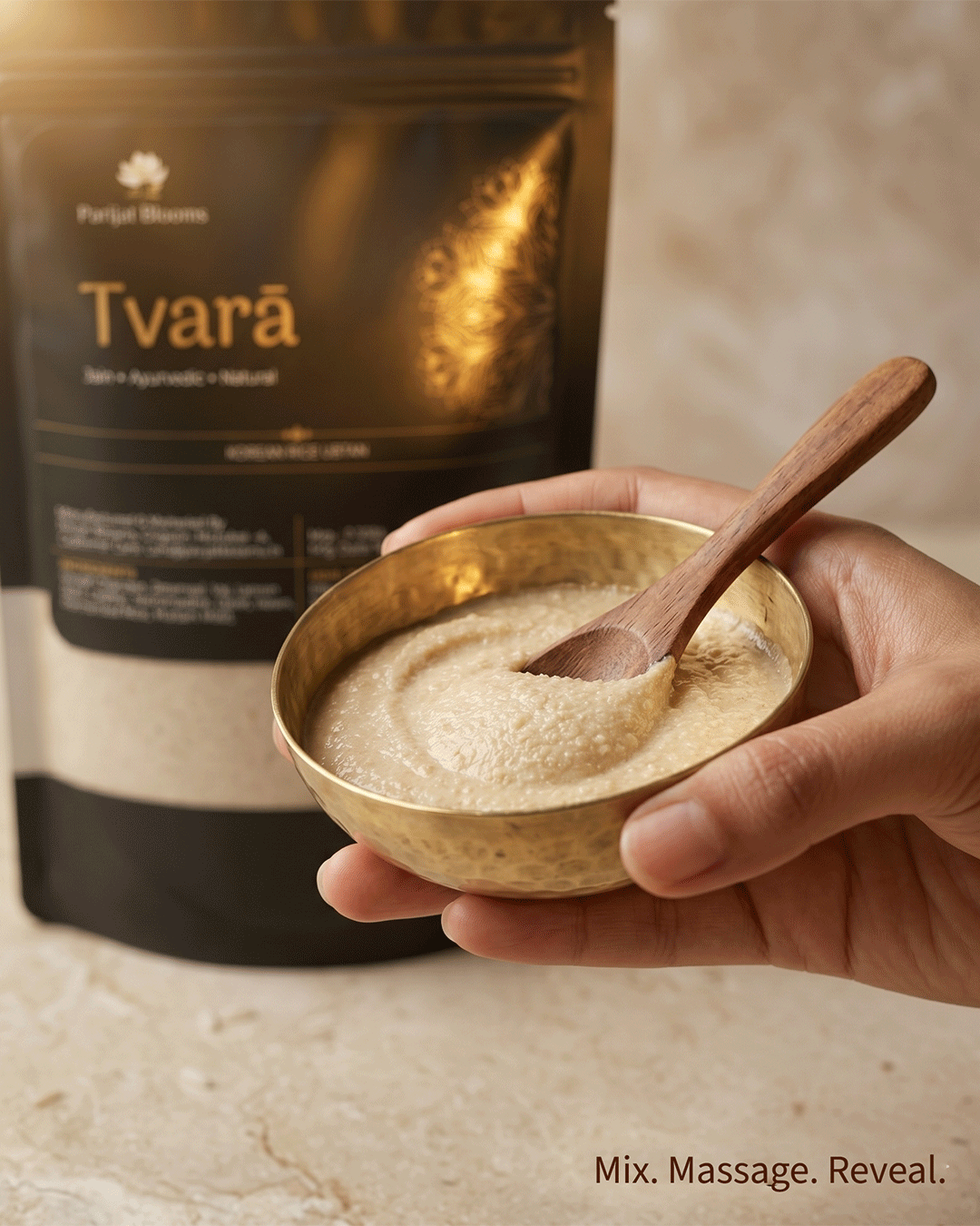 Tvara Korean Rice Ubtan Skin Mask ubtan skin mask texture closeup — feel the golden ancient ritual glass skin brightening anti aging hydration formula by Parijat Blooms