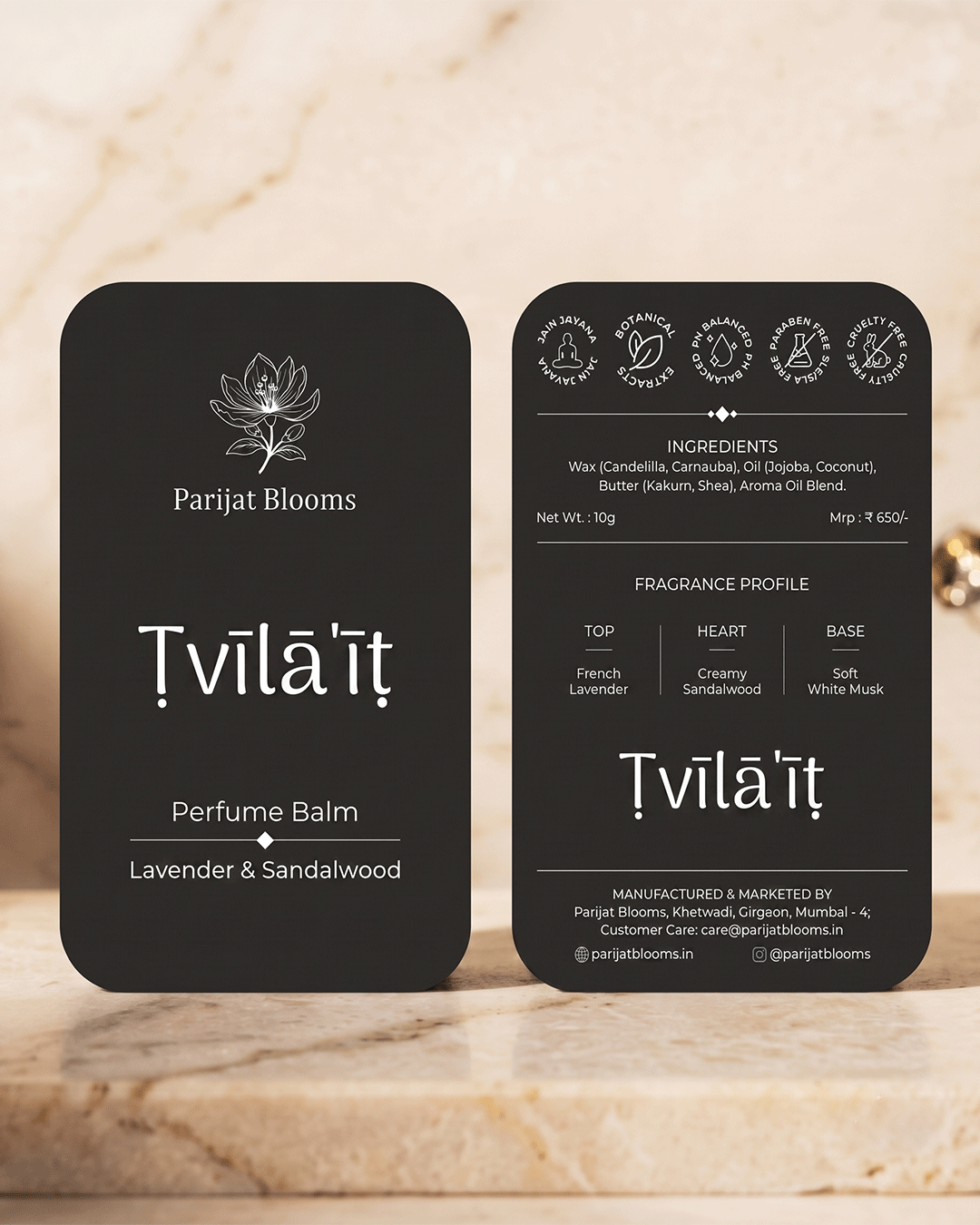 Tvilait Lavender Sandalwood Perfume Balm label and packaging — Jain Vegan natural perfume balm Parijat Blooms