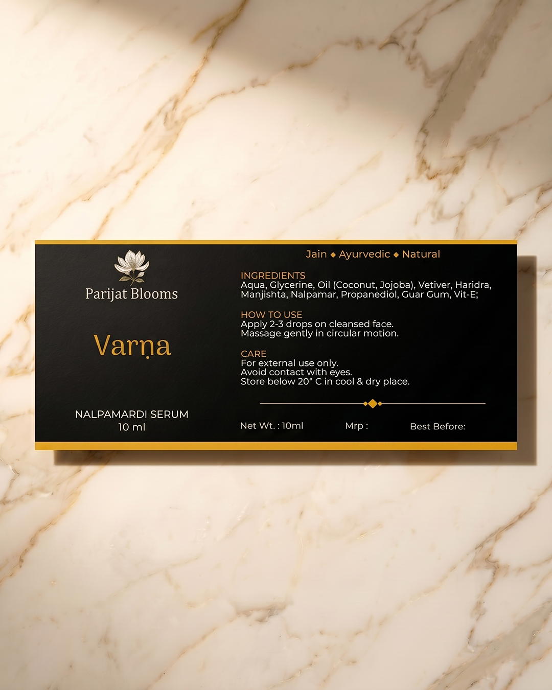 Varna Nalpamaradi Face Serum label and packaging — Jain Vegan natural face serum Parijat Blooms