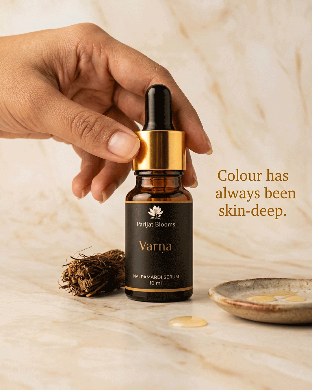 Varna Nalpamaradi Face Serum Ayurvedic ritual face serum in use — hand holding face serum Parijat Blooms India