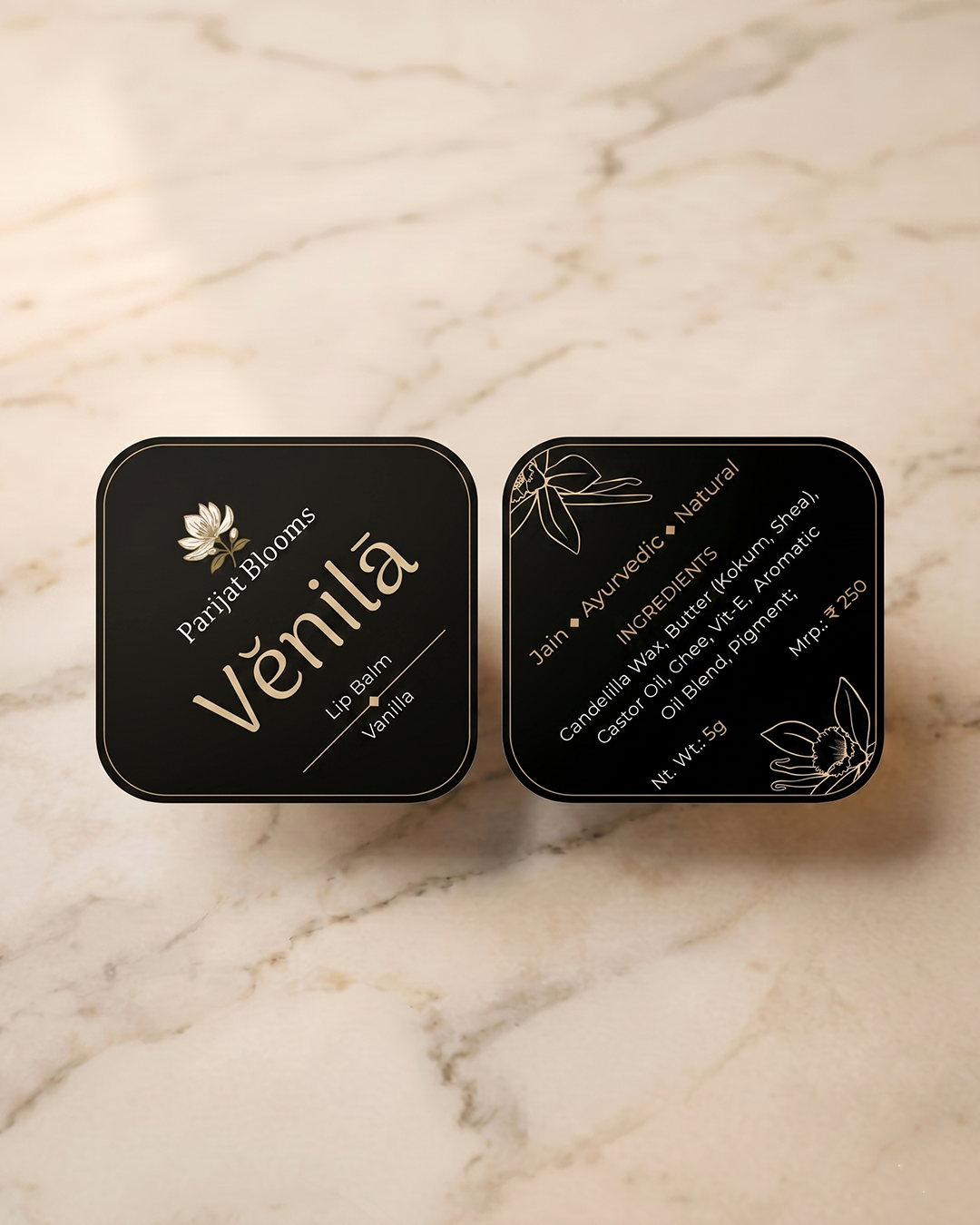 Venila Vanilla Lip Balm label and packaging — Jain Vegan natural lip balm Parijat Blooms