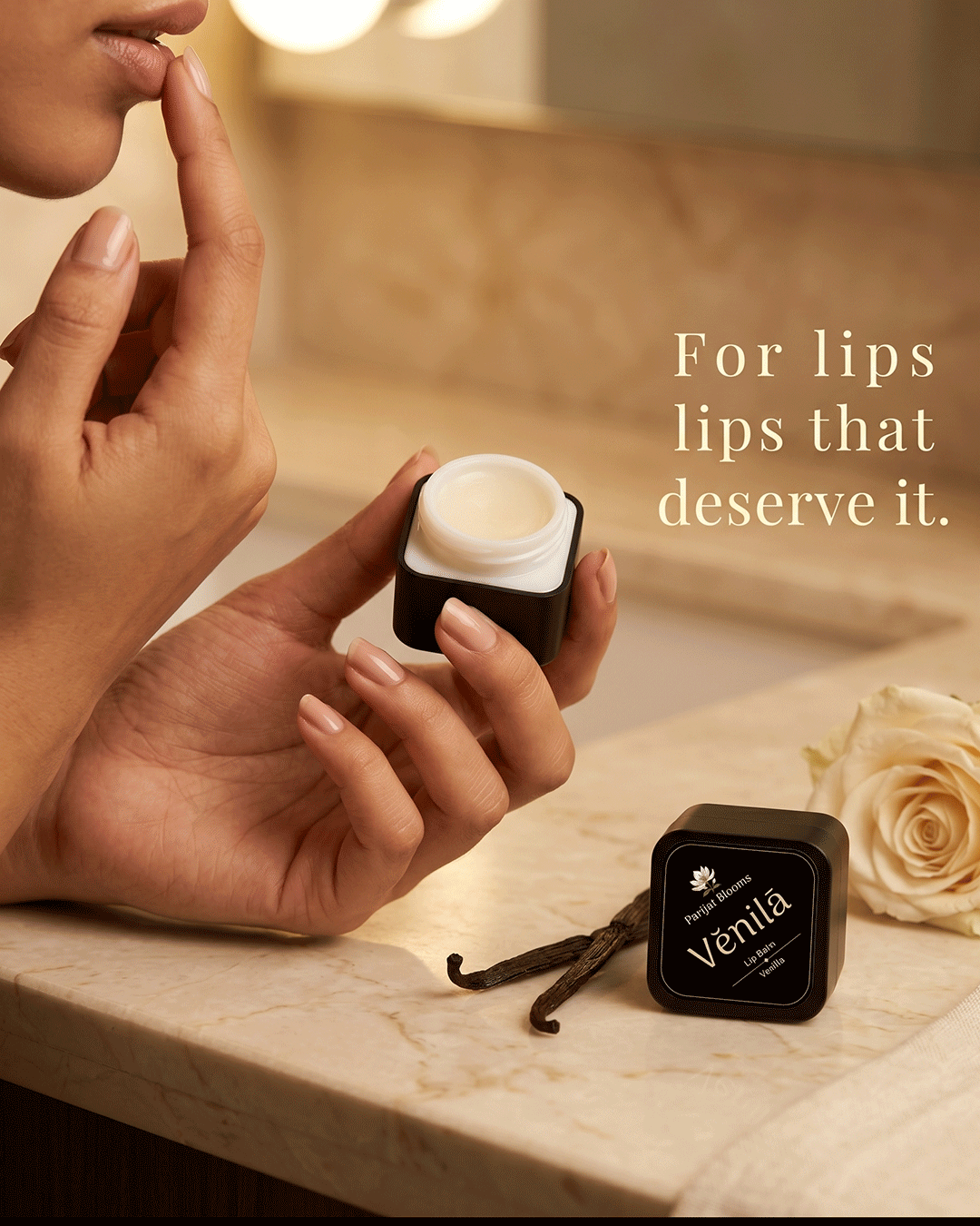 Venila Vanilla Lip Balm Ayurvedic ritual lip balm in use — hand holding lip balm Parijat Blooms India