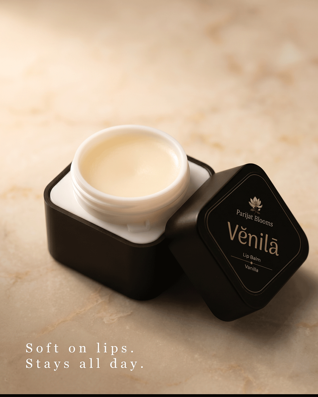Venila Vanilla Lip Balm lip balm texture closeup — feel the warm vanilla indulgent lip softening deep moisture aromatic luxury lip care formula by Parijat Blooms