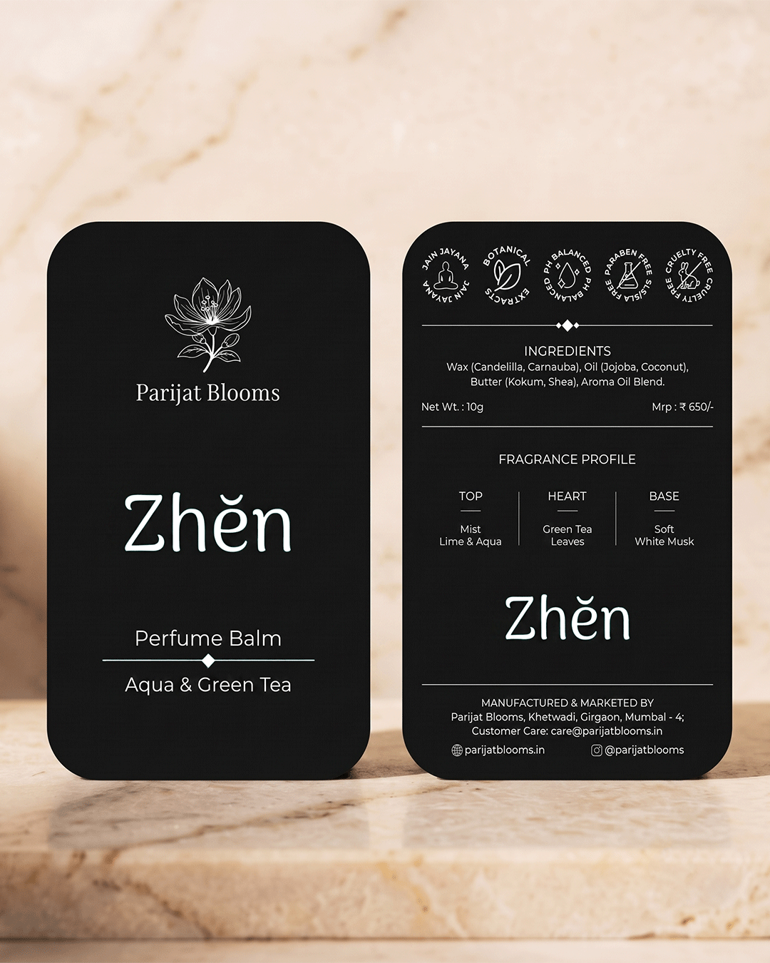 Zhen Aqua Green Tea Perfume Balm label and packaging — Jain Vegan natural perfume balm Parijat Blooms
